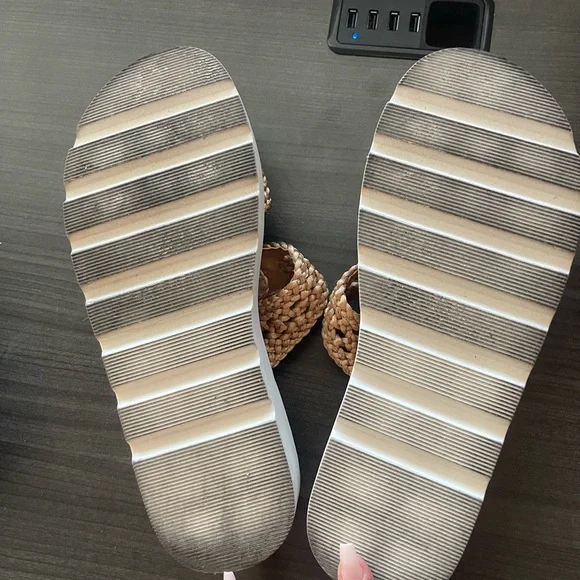 Madden Girl Tan Braided Double-Buckle Platform Sandals with Gold Buckles - Picture 2 of 4